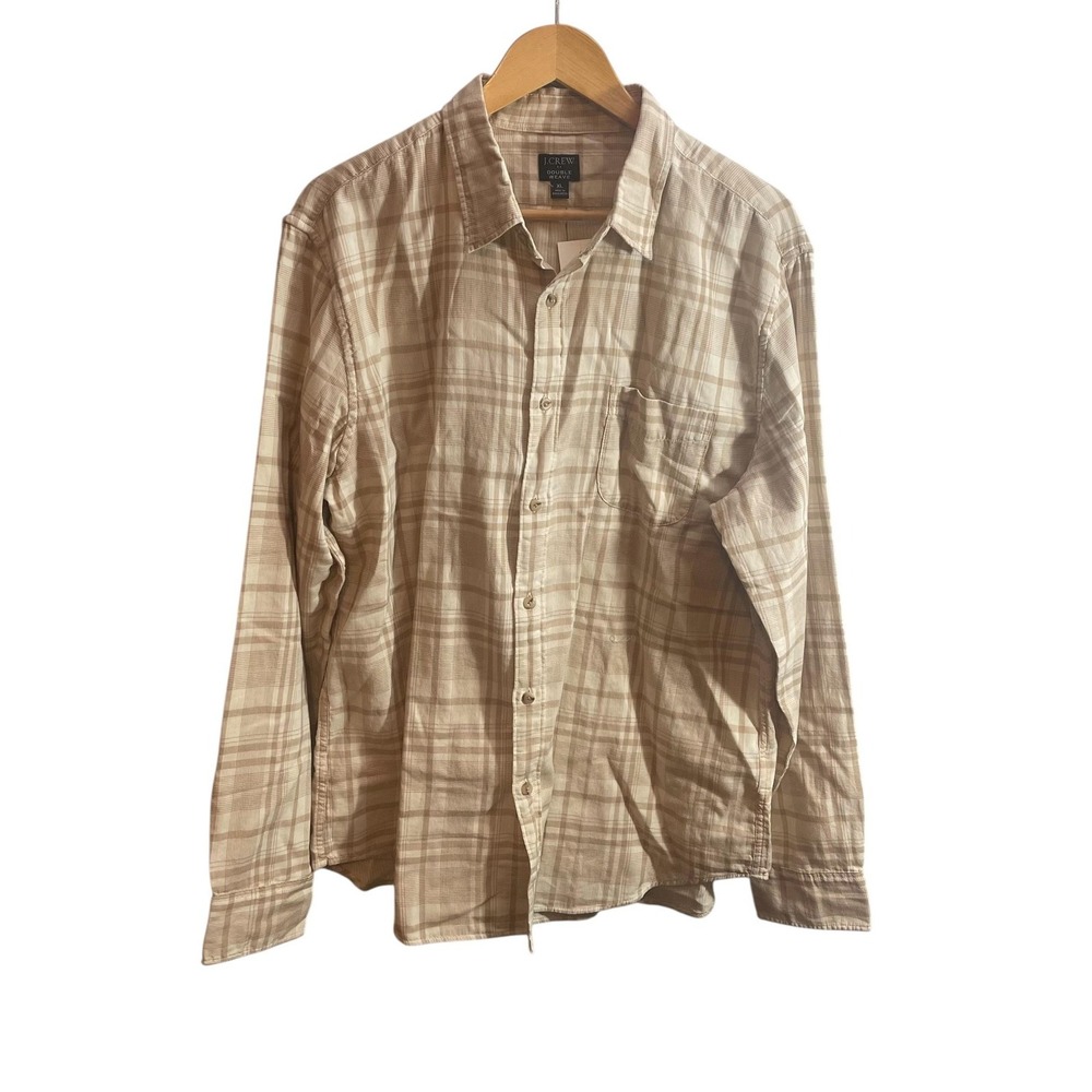 J Crew Double Weave Shirt Mens XL Beige Plaid Long Sleeve Button Front Casual